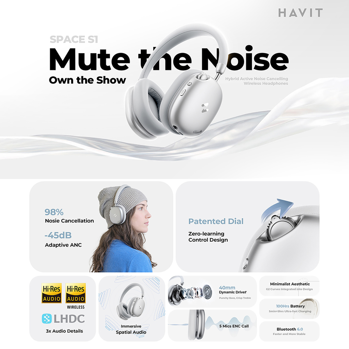 Навушники накладні бездротові HAVIT H670BT "SPACE S1" ANC Silver