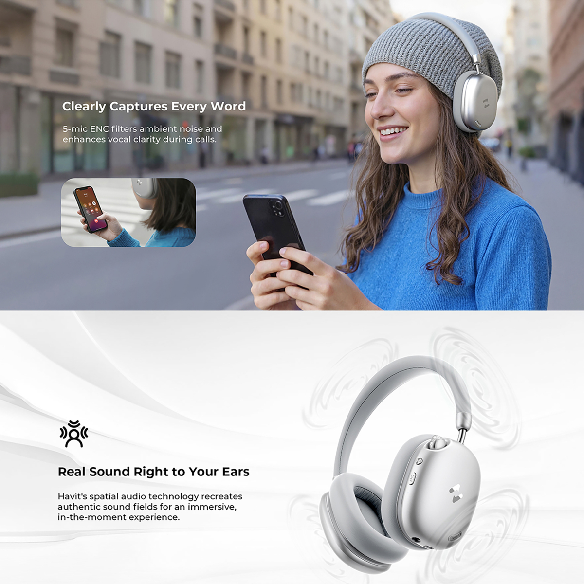 Навушники накладні бездротові HAVIT H670BT "SPACE S1" ANC Silver