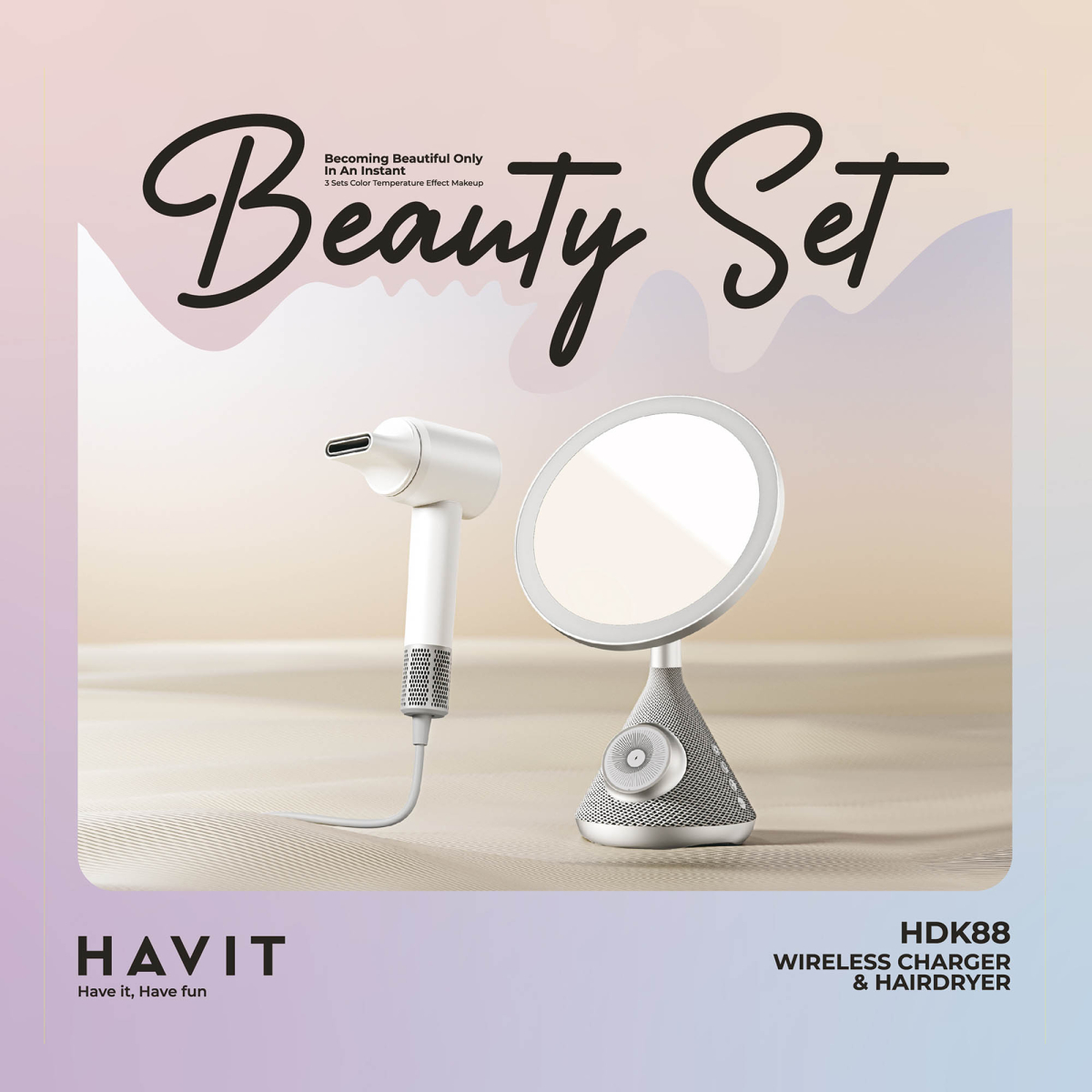Набір 5в1 HAVIT HDK88 "Beauty Set" Дзеркало + Фен + Зарядка + Динамік