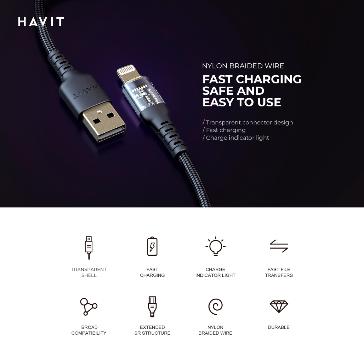 Кабель USB-C - Lightning HAVIT CB6241 PD30W 1м White
