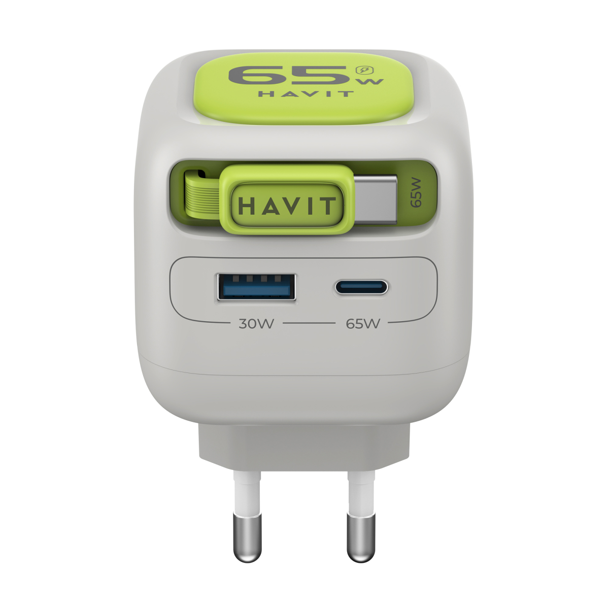 Зарядний пристрій HAVIT UC253 GaN 65W USB-A+USB-C +Кабель USB-C Gray/Green