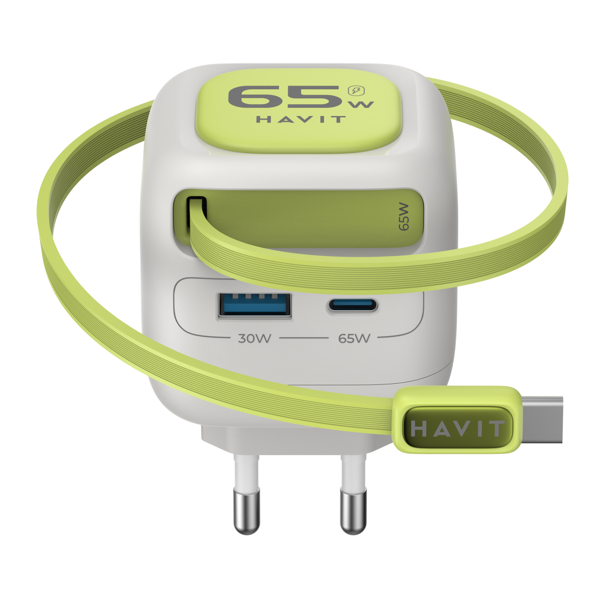 Зарядний пристрій HAVIT UC253 GaN 65W USB-A+USB-C +Кабель USB-C Gray/Green