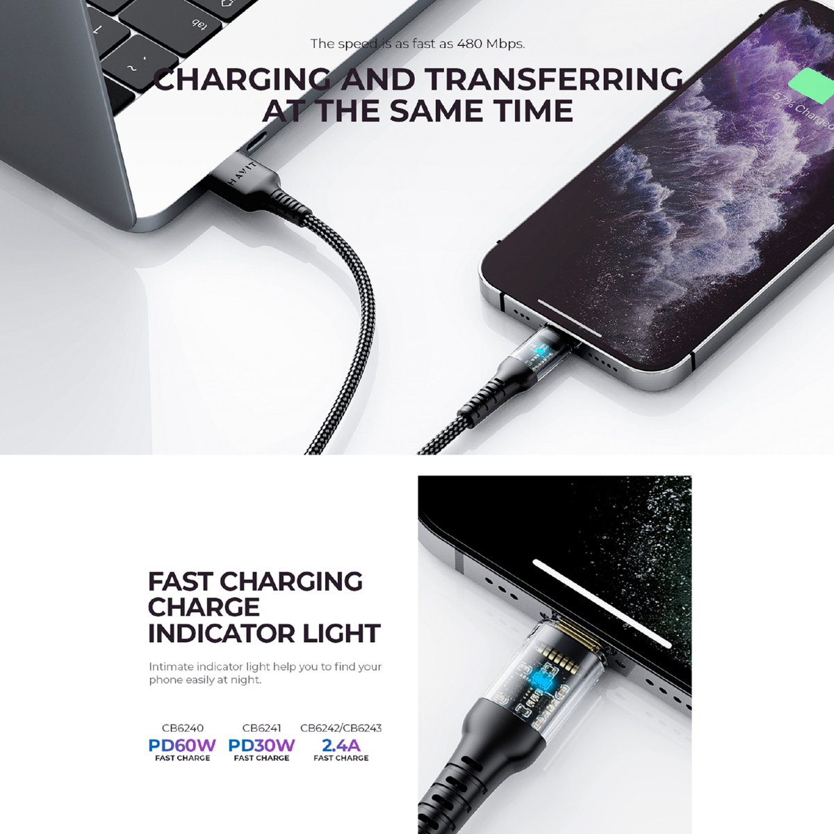 Кабель USB-C - Lightning HAVIT CB6241 PD30W 1м White